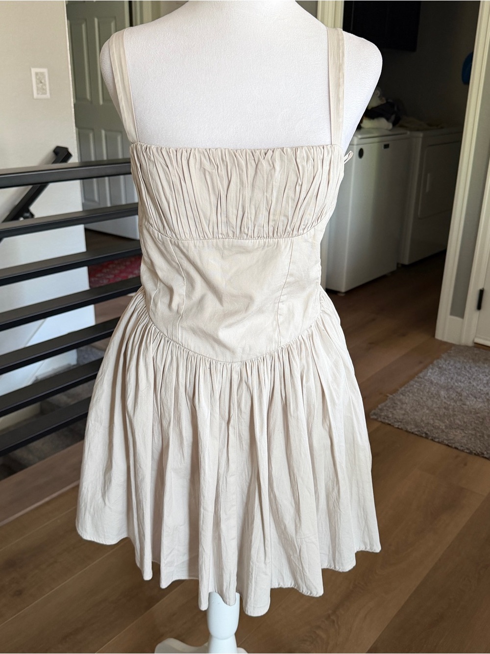 Zara Dress NEW Medium Beige Cotton Shirred Straps Sleeveless Mini Fit Flare Chic - Picture 11 of 16